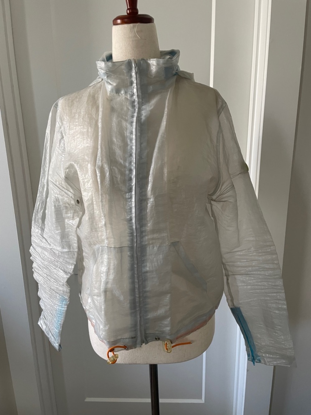 Todd Oldham Sheer Iridescent Zip Bomber Jacket - Bluish White with Blue Trim